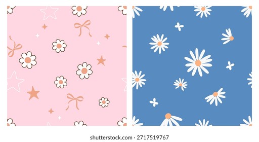 Lindo patrón de flores de margarita sin costuras con arcos y Elementos de estrellas en tonos pastel rosa y azul suave, diseñado para impresiones de tela, Fondo de pantalla, papelería y fondos decorativos alegres.