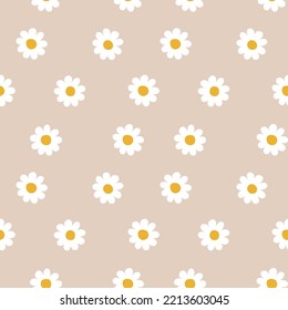Cute seamless daisy pattern on brown background. Vintage summer design for print, textile, greeting card, cover. Hippie chamomile floral print vector illustration. Abstract 70s boho botanical pattern