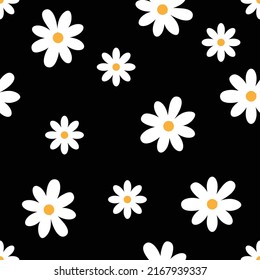 Cute seamless daisy pattern. Vector illustration with chamomile on black background