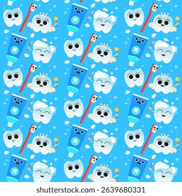 Cute Seamless Dental Pattern for Kids – Kawaii Tooth, Toothbrush and Toothpaste Characters for Packaging, Fabric, Wallpaper, Wrapping, and Education Materials – Vector Illustration