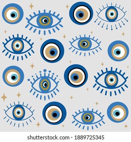 Cute seamless design vector pattern background illustration with greek evil eyes and stars 