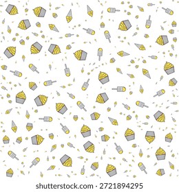 Padrão de Sobremesa sem emenda bonito: Cupcakes amarelos dispersos, Cones de sorvete e picolés Doodle Vetor Background. Doce Verão Doces Azulejo.