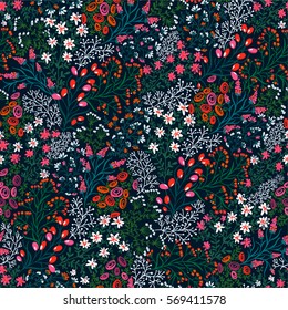 Cute Seamless Ditsy Floral Pattern. Bright flowers on the dark background