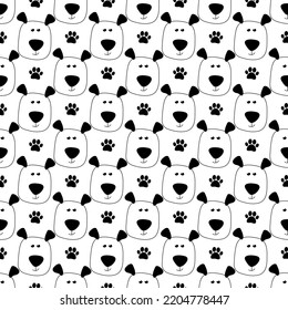 Cute seamless dog pattern with funny doodle dog with paws on white background. Doodle vector illustration