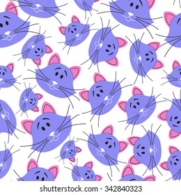 Cute seamless doodle cat faces pattern. Stylish vector illustration for kids. Funny colorful wallpaper. Cartoon children background with kittens
