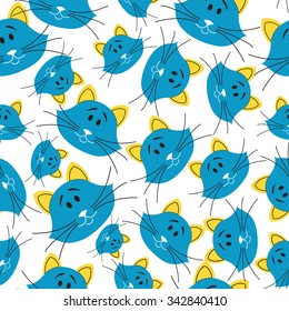 Cute seamless doodle cat faces pattern. Stylish vector illustration for kids. Funny colorful wallpaper. Cartoon children background with kittens