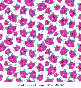 Cute seamless doodle cat faces pattern. Stylish vector illustration for kids. Funny colorful wallpaper. Cartoon children background with kittens