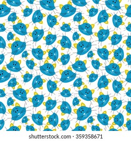 Cute seamless doodle cat faces pattern. Stylish vector illustration for kids. Funny colorful wallpaper. Cartoon children background with kittens