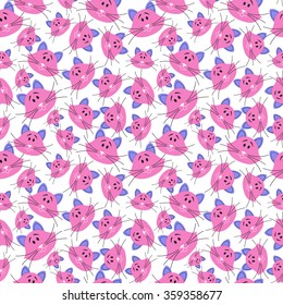 Cute seamless doodle cat faces pattern. Stylish vector illustration for kids. Funny colorful wallpaper. Cartoon children background with kittens