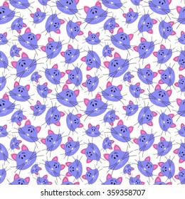 Cute seamless doodle cat faces pattern. Stylish vector illustration for kids. Funny colorful wallpaper. Cartoon children background with kittens