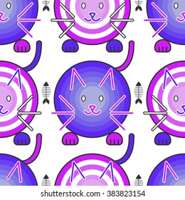 Cute seamless doodle cat pattern. Stylish vector illustration for kids. Funny colorful psychedelic wallpaper. Cartoon children background with kittens. Abstract graphic animal background.