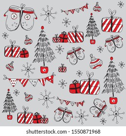 Cute seamless doodle pattern. Can be printed and used as Christmas, New Year, Xmas wrapping paper, background, wallpaper, textile, fabric - vector