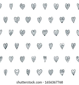 Cute seamless doodle pattern with different hearts. Hand drawn vector illustration. Design element for wallpapers, wedding attributes, fabrics, and other surfaces.