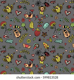 Cute seamless doodle pattern with hearts, flowers and leaves, animals and birds.  Hand drawn vector illustration