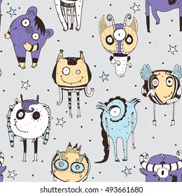 Cute seamless doodle pattern with lovely hand drawn monsters, dots and stars on grey background. Vector illustration with alien mascot characters. Cartoon image, good in child illustration