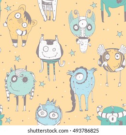 Cute seamless doodle pattern with lovely hand drawn monsters, dots and stars on yellow background. Vector illustration with alien mascot characters. Cartoon pastel image, good in child illustration