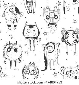 Cute seamless doodle pattern with lovely hand drawn monsters, dots and stars on white background. Vector illustration with alien mascot characters. Cartoon black and white image for child illustration