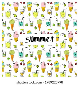 Cute seamless doodle summer abstract vector pattern. Hand-drawn sketch with summer elements - cocktails, ice-cream, plants, flowers and abstract elements. 
