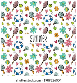 Cute seamless doodle summer abstract vector pattern. Hand-drawn sketch with summer elements - cocktails, ice-cream, plants, flowers and abstract elements. 
