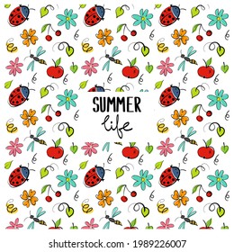 Cute seamless doodle summer abstract vector pattern. Hand-drawn sketch with summer elements - cocktails, ice-cream, plants, flowers and abstract elements. 

