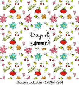 Cute seamless doodle summer abstract vector pattern. Hand-drawn sketch with summer elements - cocktails, ice-cream, plants, flowers and abstract elements. 
