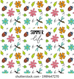 Cute seamless doodle summer abstract vector pattern. Hand-drawn sketch with summer elements - cocktails, ice-cream, plants, flowers and abstract elements. 
