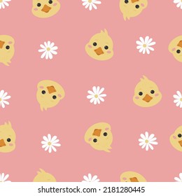 Cute seamless duck pattern. Cartoon portrait duckling on a pink background. Funny baby print. Kids design for fabric, packaging, wallpaper. Nursery poster.