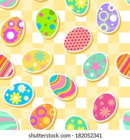 Cute seamless Easter pattern colorful eggs on yellow gingham