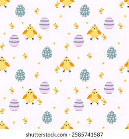 Cute seamless Easter pattern featuring baby chicks, decorated eggs, and tiny flowers. Perfect for fabric, stationery, gift wrap, or digital designs. Playful, pastel, and festive for spring celebration