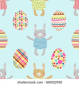 Cute seamless Easter pattern with funny hand drawn bunnies and eggs for your decoration