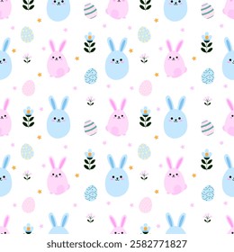 Cute seamless Easter pattern with pastel bunnies, decorated eggs, and spring flowers on a white background. Perfect for fabrics, wallpapers, gift wrap, and festive designs.