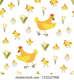 Cute seamless easter vector pattern with chiken and egg. Funny spring background with chicks, eggs and dandelions. Poultry on white backdrop