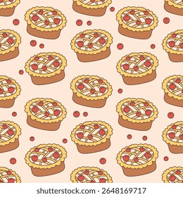 Cute seamless fall pattern with sweet cherry pies on a soft beige background. This cozy and festive design is perfect for Thanksgiving, autumn and kitchen projects