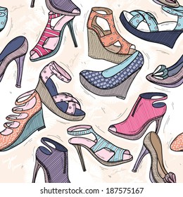 Cute seamless fashion pattern for girls or woman. Background with shoes.