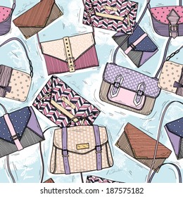 Cute seamless fashion pattern for girls or woman. Background with bags and purses.