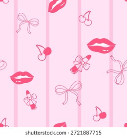 Lindo patrón de moda sin fisuras con labios, cerezas, lazos y Elementos de lápiz labial sobre fondo de rayas rosadas, diseñado para impresiones de tela femenina, papelería, embalaje y diseños decorativos juguetones.