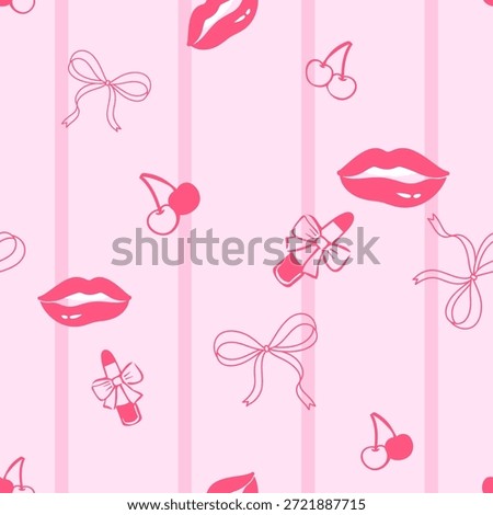 Cute seamless fashion pattern with lips, cherries, bows, and lipstick elements on pink striped background, designed for girly fabric prints, stationery, packaging, and playful decorative designs.