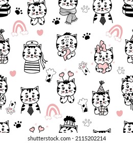 Cute seamless feline pattern. Funny beautiful cartoon icons of cats characters on white background with rainbow and hearts. Vector illustration in hand drawn linear doodle style For design and decor 