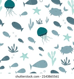Cute seamless fish pattern. Cartoon underwater world. Baby funny marine print. Vector illustration of crab, jellyfish, starfish and fish in Scandinavian style.