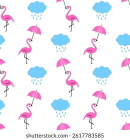 Cute seamless flamingo and umbrella pattern on a white background. Design for children