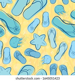 Cute seamless flip flop shoe vector pattern background. Hand drawn outline style. Blue and yellow colors. Summer beach vacation concept