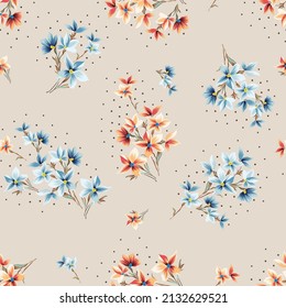 cute seamless floral blue and orange vector small flowers bunches pattern on cream background