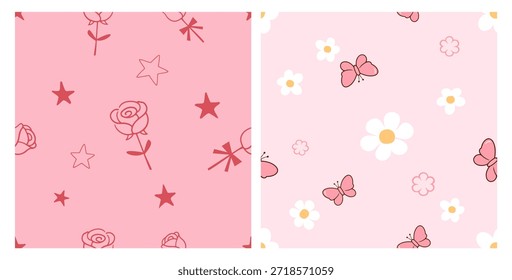 Bonito padrão floral e borboleta sem costura definido com rosas, margaridas, estrelas e tons de rosa pastel macio, projetado para impressões de tecido, papel de parede, papelaria e fundos decorativos românticos.