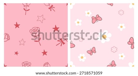 Cute seamless floral and butterfly pattern set with roses, daisies, stars, and soft pastel pink tones, designed for fabric prints, wallpaper, stationery, and romantic decorative backgrounds.