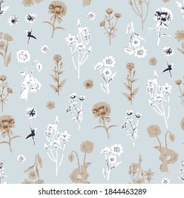 cute seamless floral cream vector flowers pattern on grey background