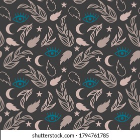 Cute seamless floral magic pattern. Eyes, moon, stars. Vector background in boho style