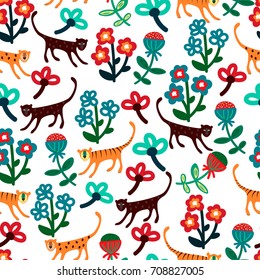 Cute seamless floral pattern with african animals.  Hand drawn vector illustration.