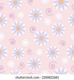 Cute seamless floral pattern with blue and white flower, spiral on pink background.