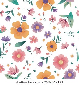 Cute seamless floral pattern with bright stylized flowers, green leaves and buds. Modern flat design, perfect for textile, wallpaper and fabric. Playful, colorful repeating vector illustration