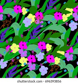Cute seamless floral pattern with bright colorful flowers and leaves on black background. Bright floral print for textile, wallpaper, home decor, gift, wrapping, scrapbook